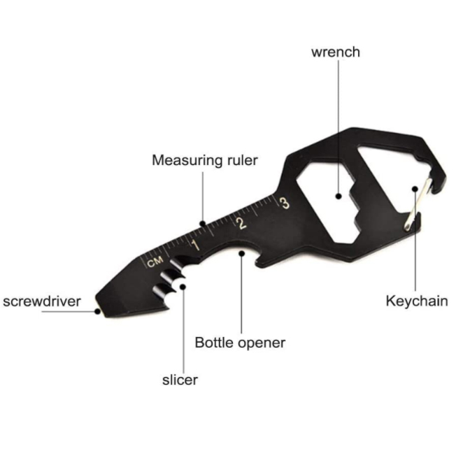 Stainless Steel Key Shaped Pocket Multi-Tool for Bottle Opener Screwdriver Ruler Wrench Box Cutter Bike Spoke Keychain